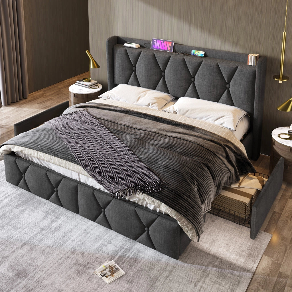 Letto matrimoniale 160x200 cm imbottito grigio in lino con 4 cassetti e porte USB