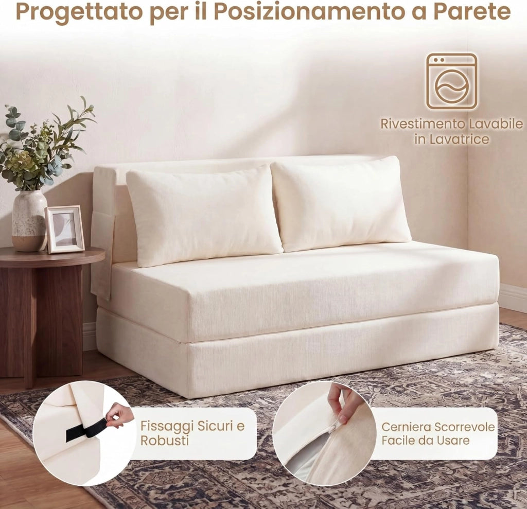 Divano Letto 2 Posti Pieghevole, 3 in 1 Divanetto Trasformabile con 2 Cuscini, Schiuma ad Alta Densità e Rivestimento in Tessuto Chenille, Poltrona Letto per Soggiorno (Beige,82 x 103 x 58 cm)