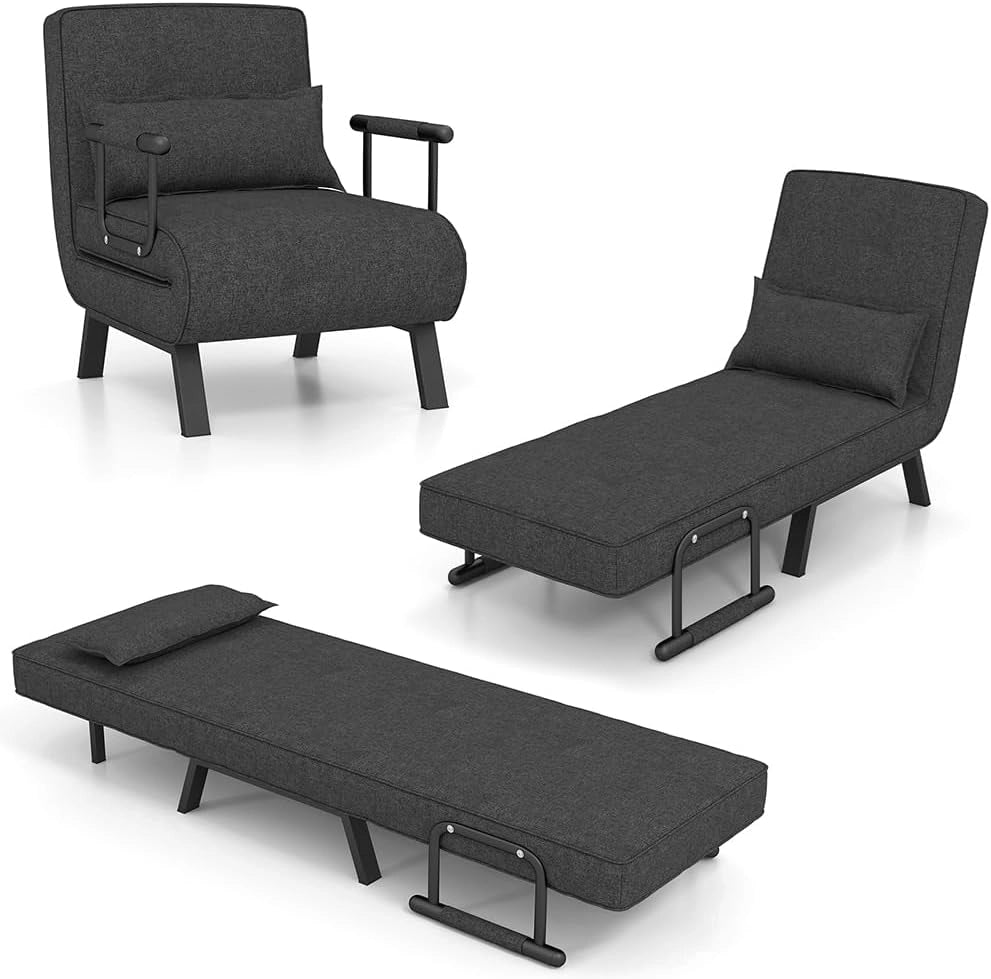 4 in 1 Poltrona Letto Singolo, Poltrona Pieghevole con Schienale Reclinabile a 6 Livelli, Divano Letto con Materasso e Cuscino, per Soggiorno e Salotto, 79 x 65 x 79 cm (Grigio Scuro)