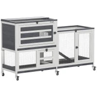 Conigliera a 2 Livelli con Rampa e 3 Vassoi, in Legno di Abete e Acciaio, 147x45x89.5 cm, Grigio e Bianco