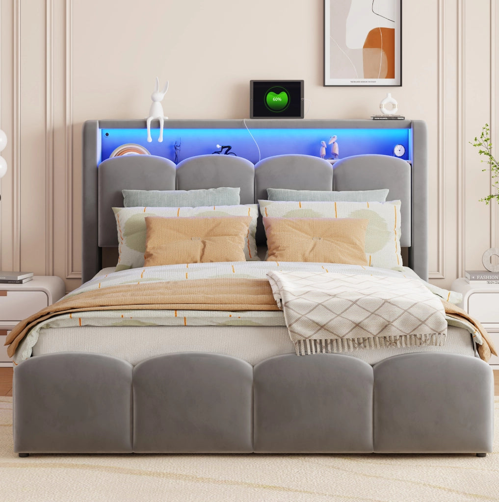 Letto matrimoniale imbottito 140x200 cm in velluto grigio con LED; USB e vano contenitore