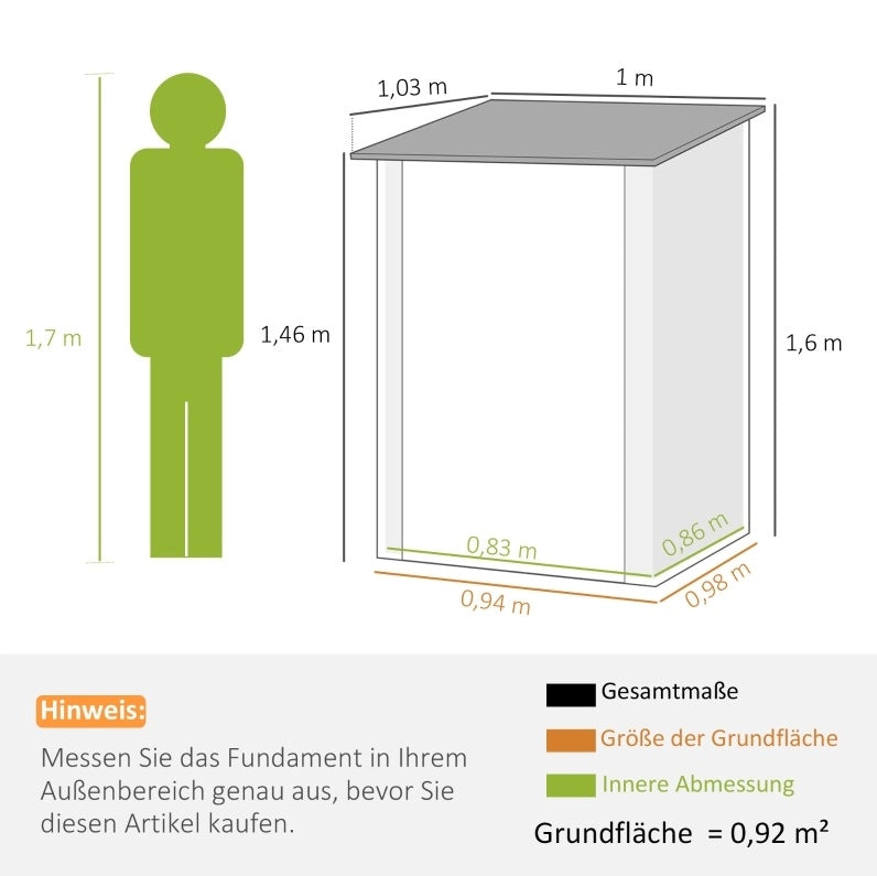 Gartenschuppen in acciaio con tetto a una falda; 0;92 m2; verde e bianco