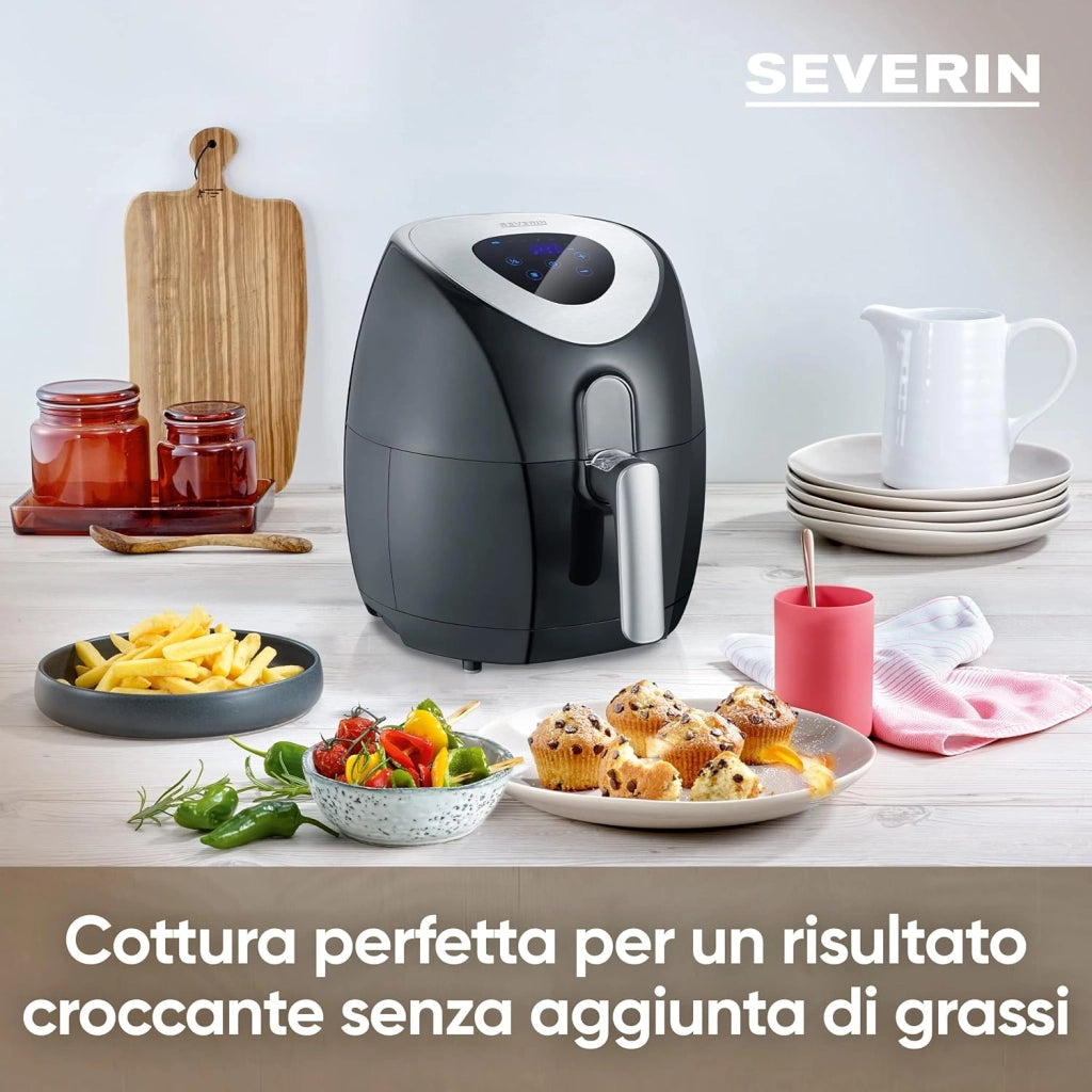 Severin fr 2430 friggitrice ad aria calda 1500w, friggitrice ad aria cestello da 3.2 l, 6 programmi automatici senza olio, friggitrice ad aria elettrica con display touch lcd, nero