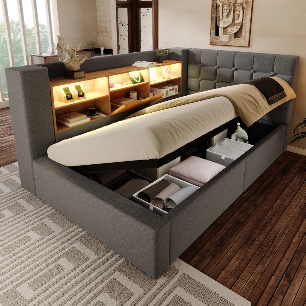 Letto imbottito 90x200 cm grigio con LED, ricarica USB, contenitore e materasso H3