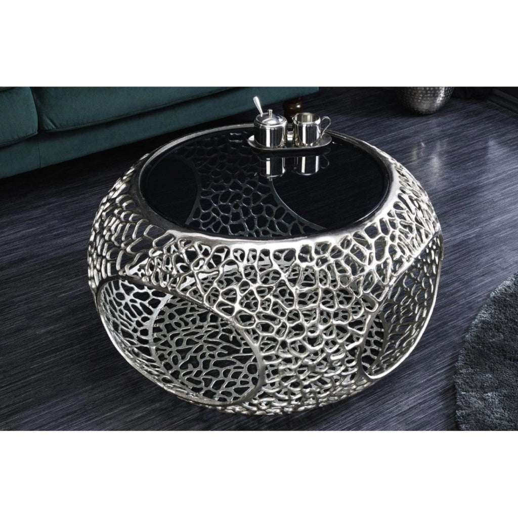 Tavolino basso METRIX rotondo 74 cm argentato con piano in vetro temperato nero – Tavolino design con nicchie