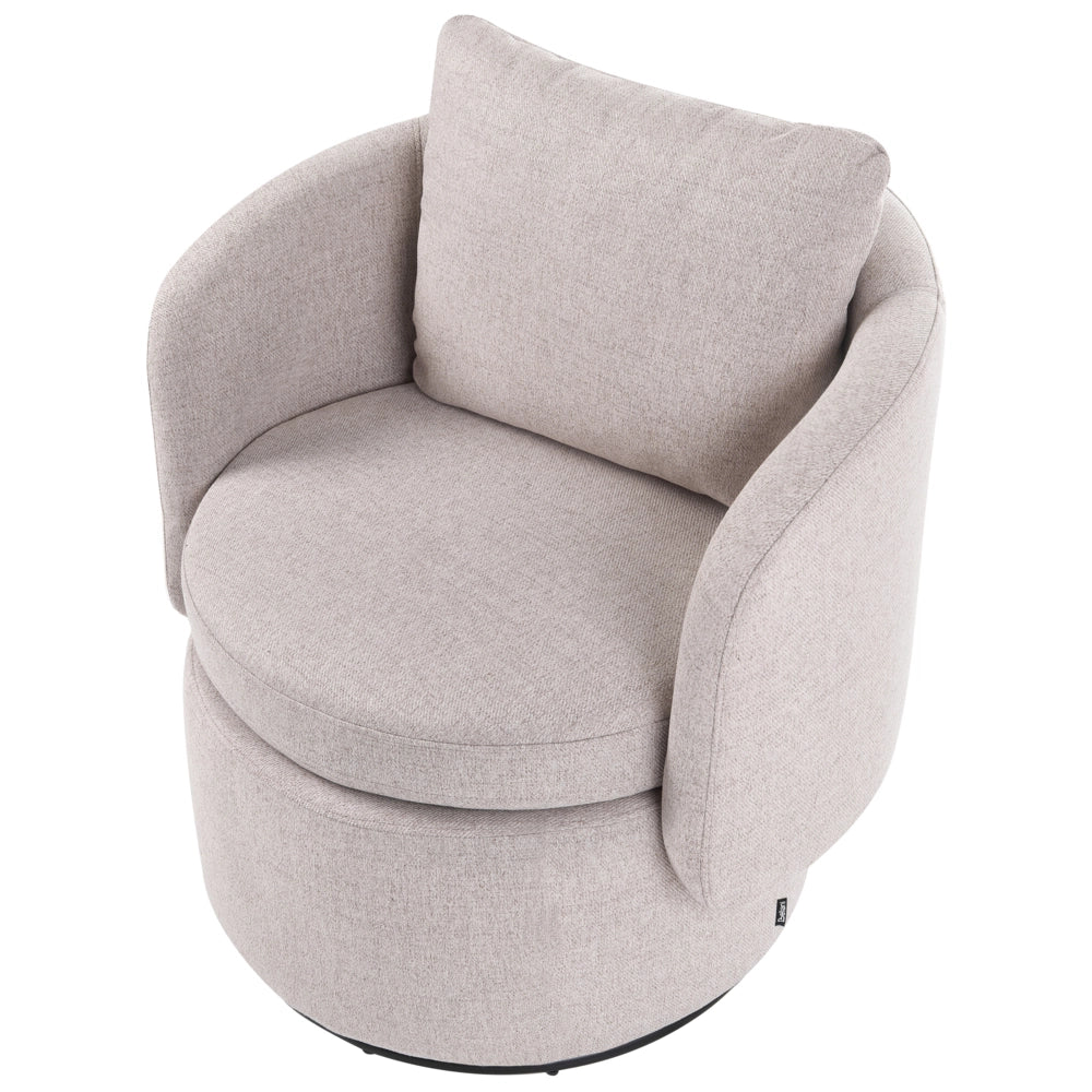 Poltrona in tessuto beige base girevole a 360° con vano portaoggetti cuscino decorativo stile retrò salotto angolo lettura