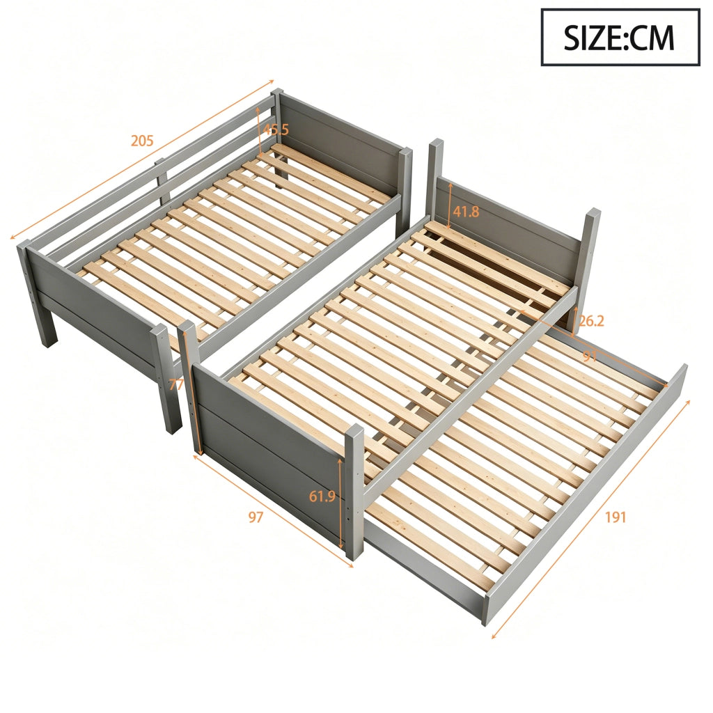 DESMIU Lit a castello 90 × 200 cm 2 posti con letto estraibile, sponda di sicurezza e senza materasso, grigio