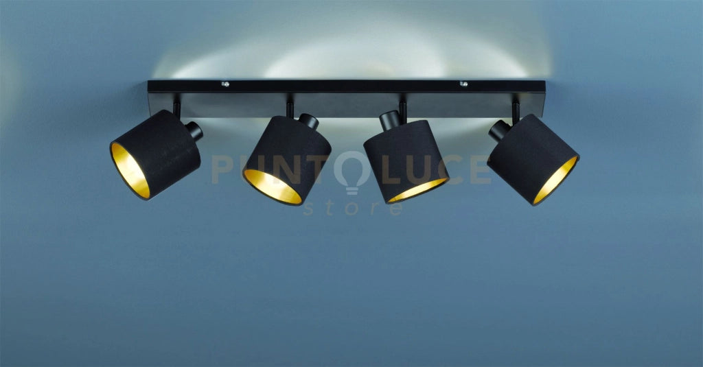 TOMMY BARRA 4 SPOTS CON DIFFUSORI PARALUMI NERI E ORO BASE METALLO NERO OPACO L.70CM 4 LUCI ATTACCO E14