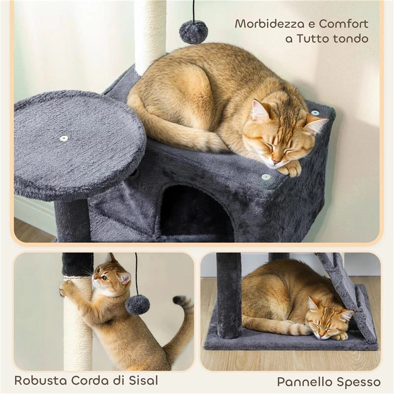 ALBERO PER GATTI ALTO 140 CM CON 2 CASETTE, LETTINO E AMACA PER 2-3 GATTI, RIVESTIMENTO PELUCHE, GRIGIO