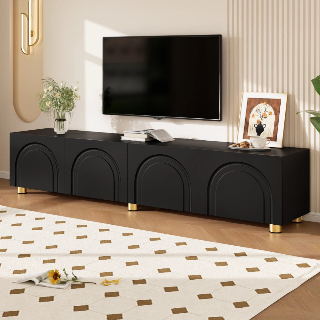 Mobile porta TV con 4 ante e rilievo ad arco, per soggiorno, in MDF e pannello truciolare, nero, 180 × 35 × 40 cm