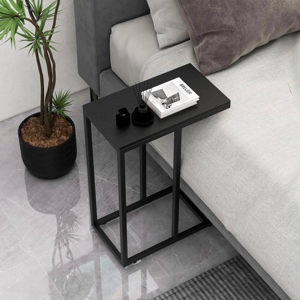 Tavolino a forma di C per divano e letto-Tavolino da soggiorno altezza 64cm con struttura in metallo Nero