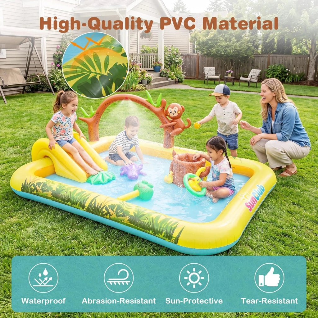 Piscina Gonfiabile per Bambini, Piscinetta Fuori Terra con Scivolo, Giocattoli di Scimmia, Ippopotamo e Anatra, Parco Gioco Acquatico Esterno per Giardino e Cortile, per Bambini 2-6 Anni