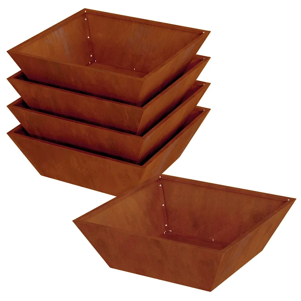 Set di 5 fioriere da giardino trapezoidali moderne dal design minimalista 50 x 50 x 15 cm in acciaio arrugginito 02_0052395