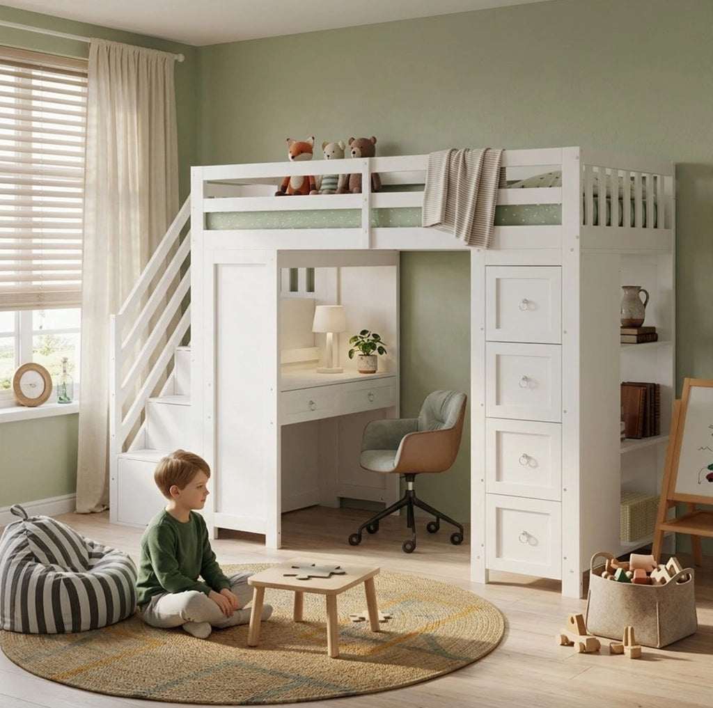 Letto a soppalco per bambini 90x200 cm bianco con scrivania