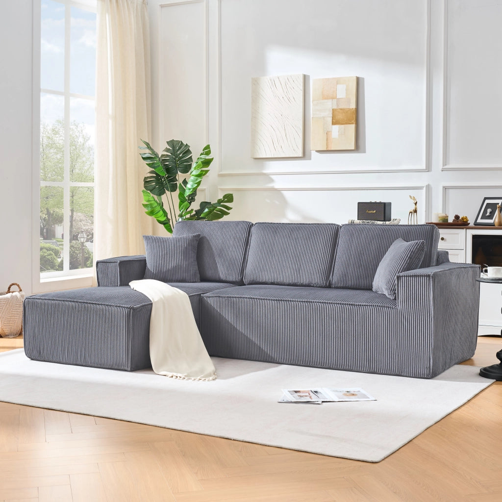 Divano angolare convertibile 2 posti con chaise longue, schiuma ad alta densità, in velluto a coste, Grigio