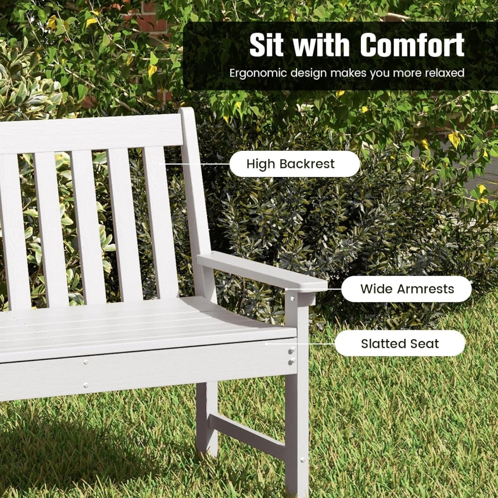 GIANTEX Panca da giardino per 2 persone, panca da parco in plastica con schienale alto, panca da esterno, resistente alle intemperie, per giardino, patio, terrazza, 132 x 65 x 91 cm (bianco)