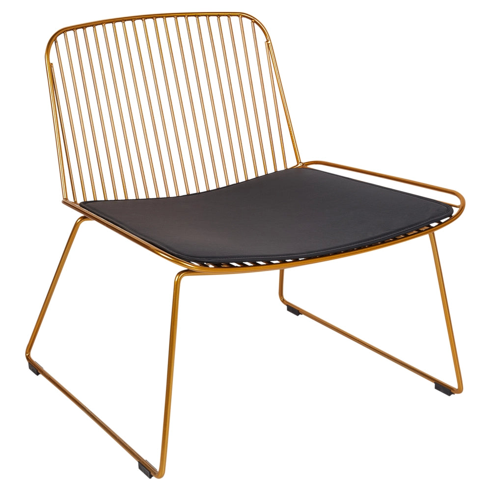 Sedia d'accento in metallo dorato con design a filo senza braccioli in ecopelle nera con cuscinetto Glam Industrial Modern