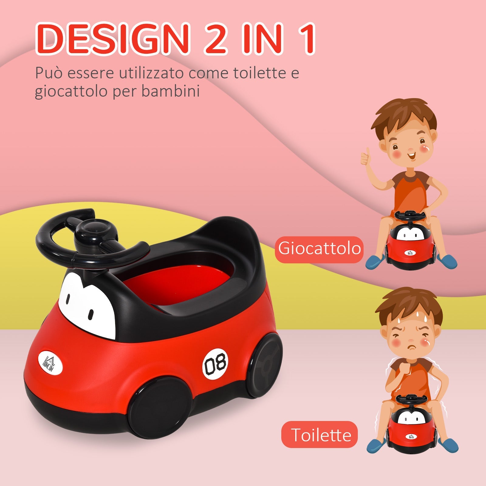 Vasino per Bambini 40x27,5x29,1 cm Macchina con Volante e Vaschetta Rimovibile Rosso