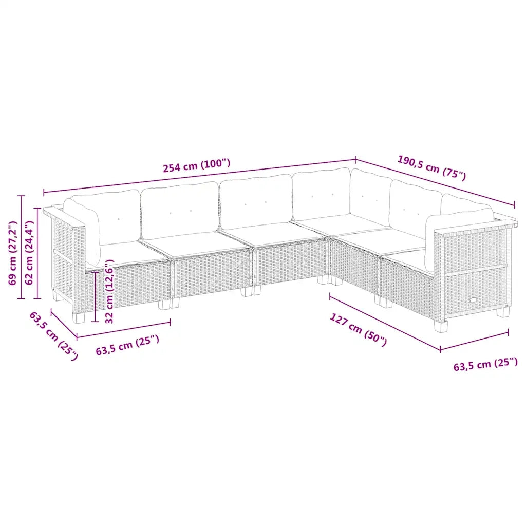 Set Divano da Giardino 6 pz con Cuscini Beige in Polyrattan
