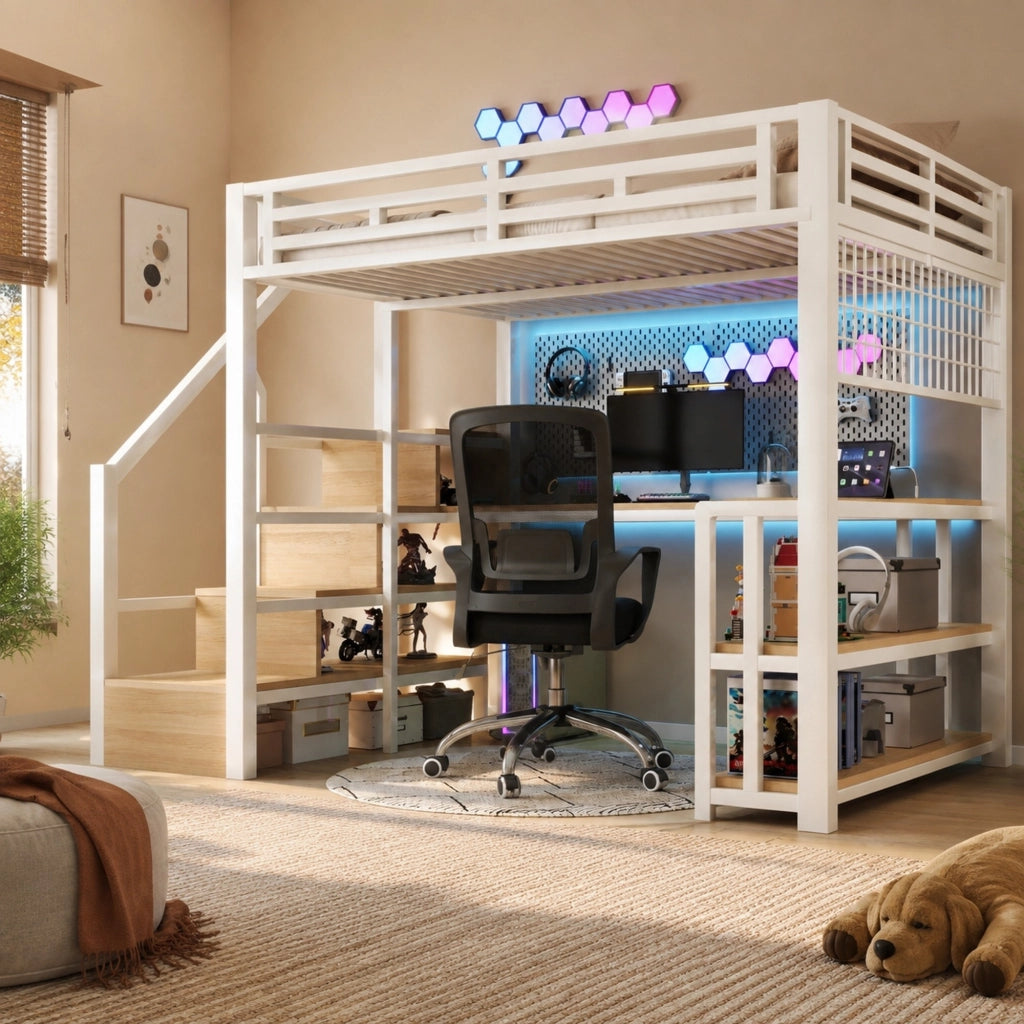 DESMIU Letto a soppalco 2 posti con scrivania, scaffale, griglia, LED regolabile e USB Tipo-C 140 × 200 cm senza materasso