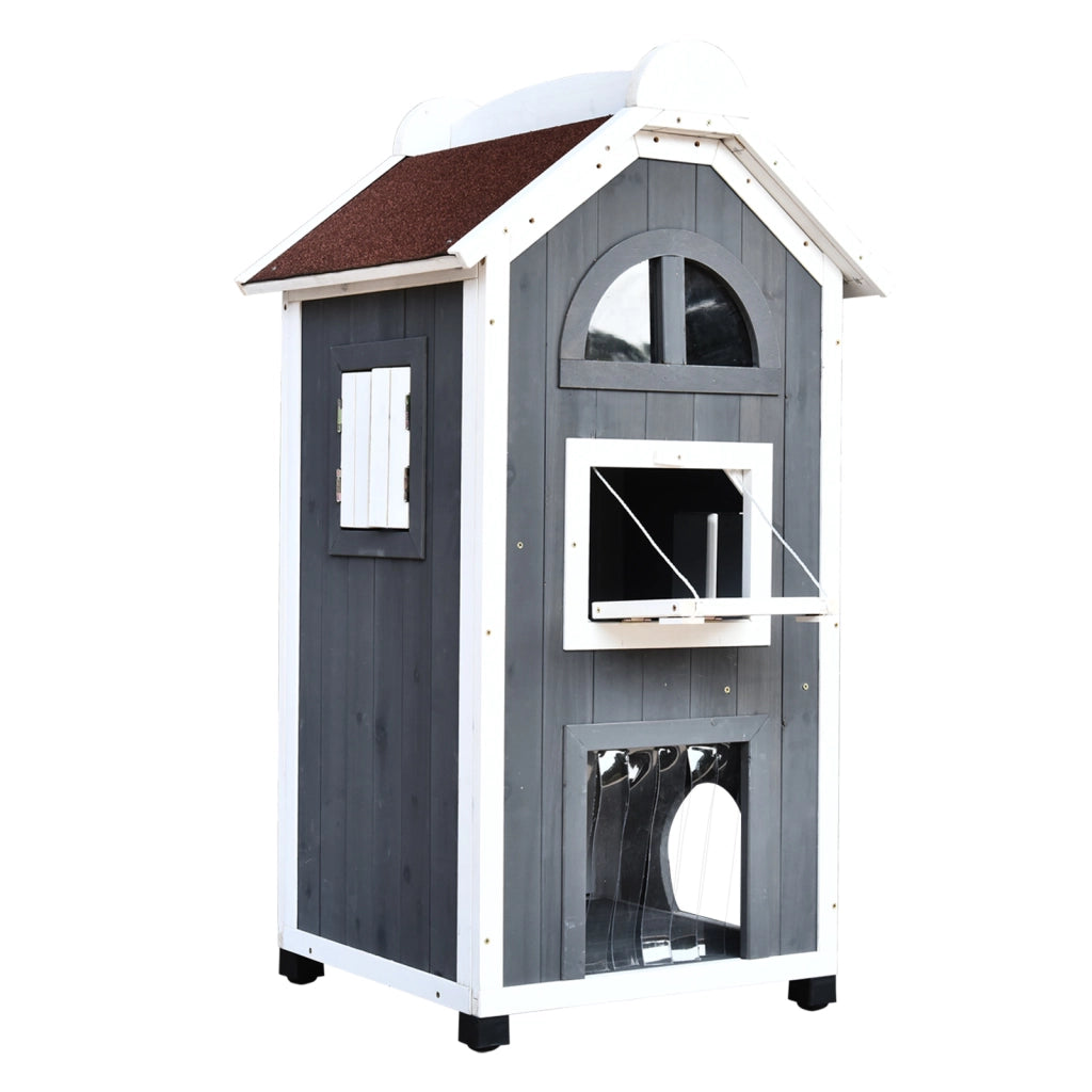 Casetta per Gatti 2 Piani ¨C zephmum ¨C Legno di Abete, Grigio, 59x55x109 cm
