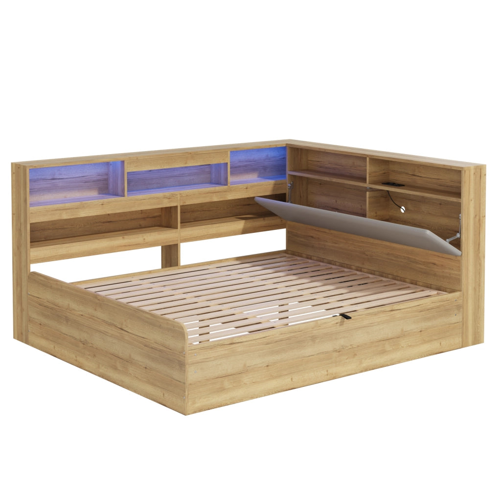 Letto daybed con contenitore idraulico; LED e presa USB; 90x200/140x200 cm; naturale