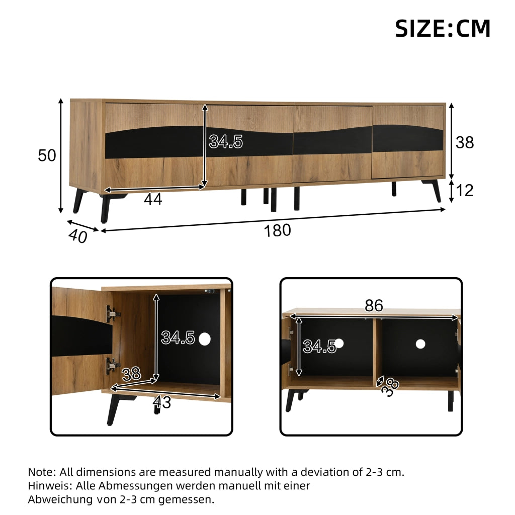 Mobile TV Lowboard ¨C MINIMAL ¨C Legno e Nero, 4 Ante, 8 Gambe, 180x40x50 cm