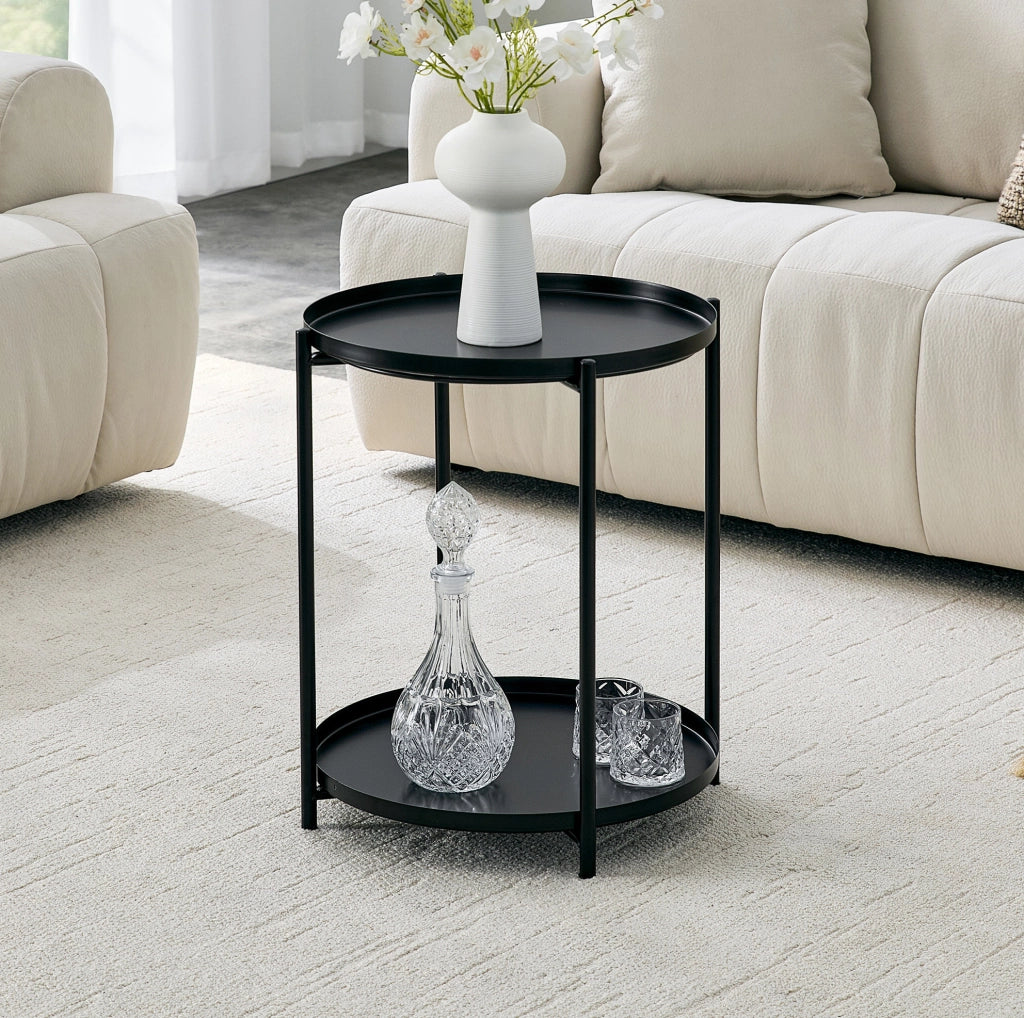 Tavolino rotondo a 2 livelli con ripiano; ?42 x 52 cm; MDF e metallo; nero