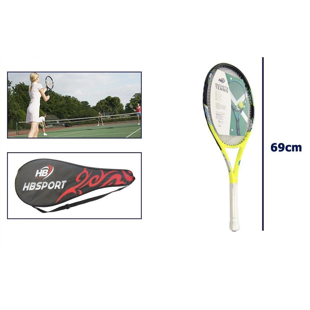 Trade Shop - Racchetta Tennis 69cm Gialla Bianca Resistente Allenamento Borsa Trasporto 06038 -
