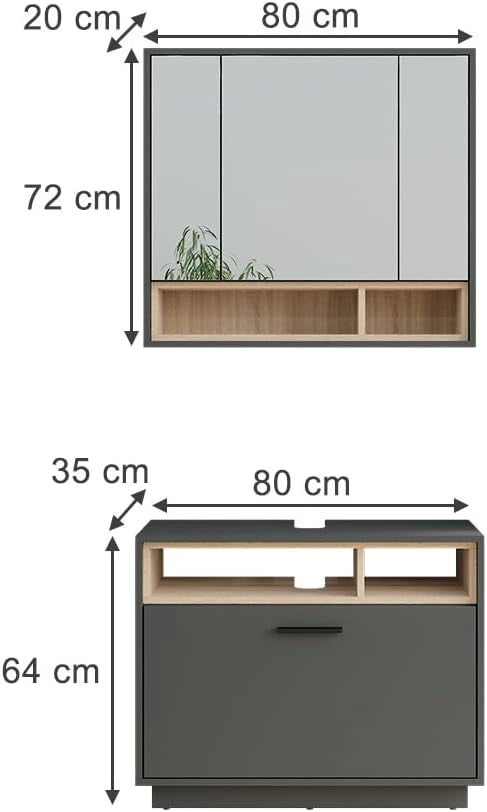 Set di mobili da bagno Beatrice, Antracite/Sonoma, 80 cm, composto da specchio da bagno e mobile sottolavabo