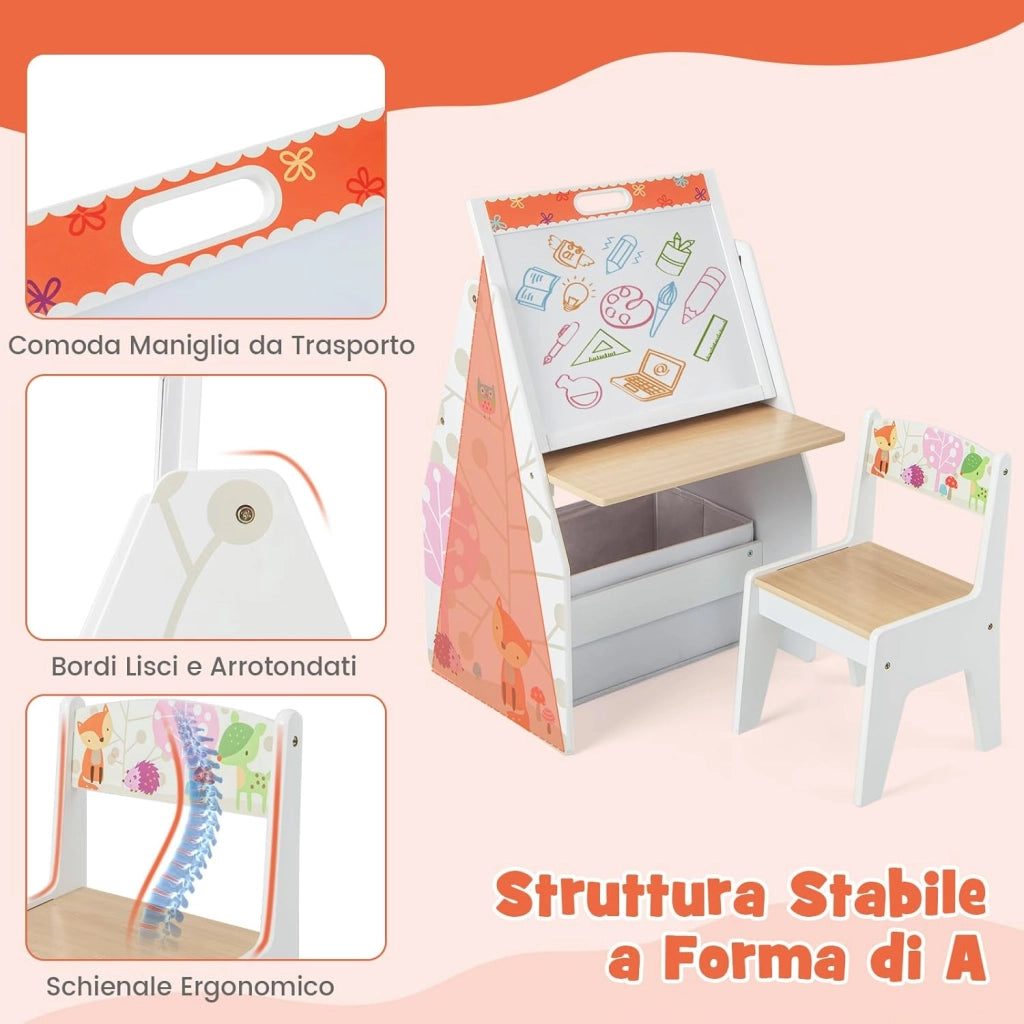Cavalletto per Bambini Doppio Lato, Set Tavolo e Sedia per Bambini con Lavagna Magnetica e Lavagna Bianca, Contenitore in Tessuto e Libreria(Bianco)