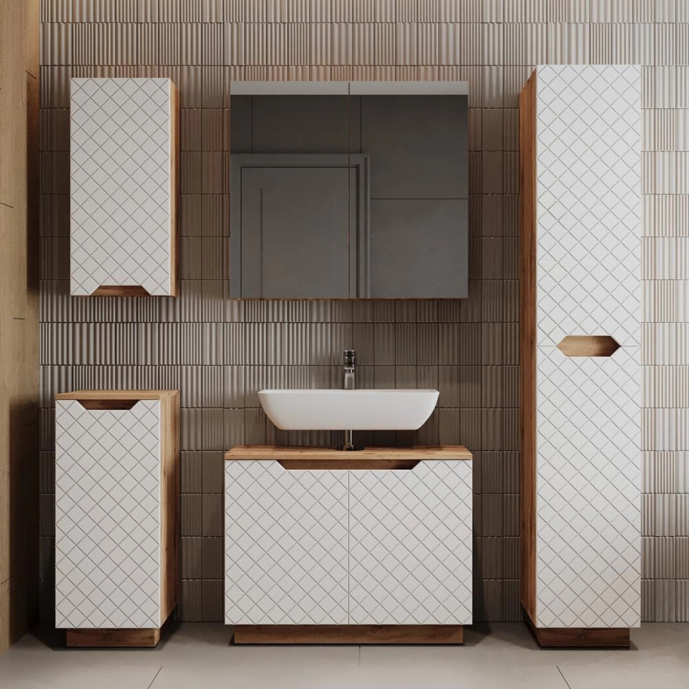 Set di mobili da bagno Lotta, Rovere/bianco con struttura in piastrelle, 4 parti