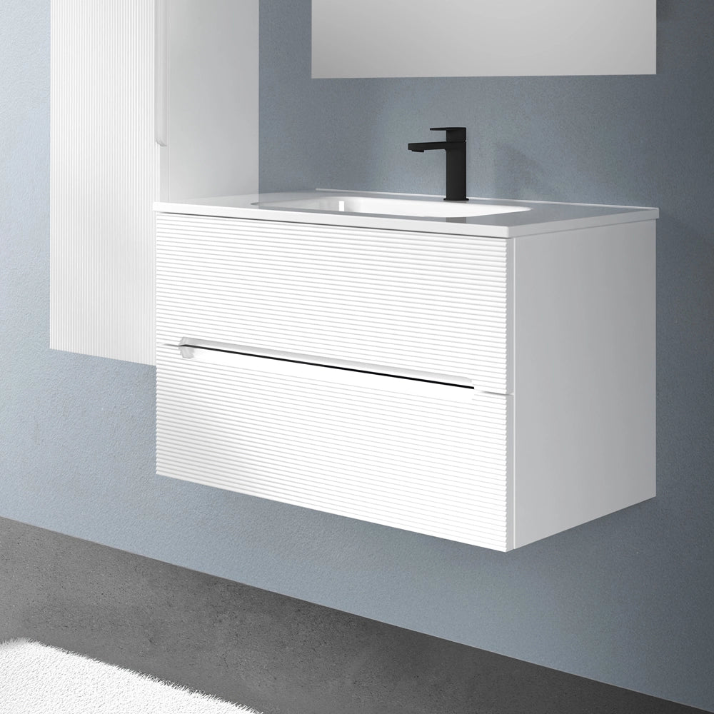 Mobile bagno sospeso 80 bianco cannettato 2 cassetti lavabo e specchio Rigo