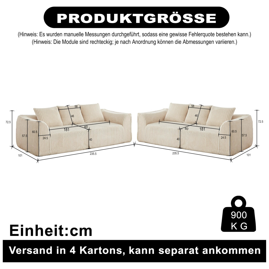 Divano modulare in velluto a coste con linee curve e seduta extra larga senza montaggio, beige chiaro per soggiorno