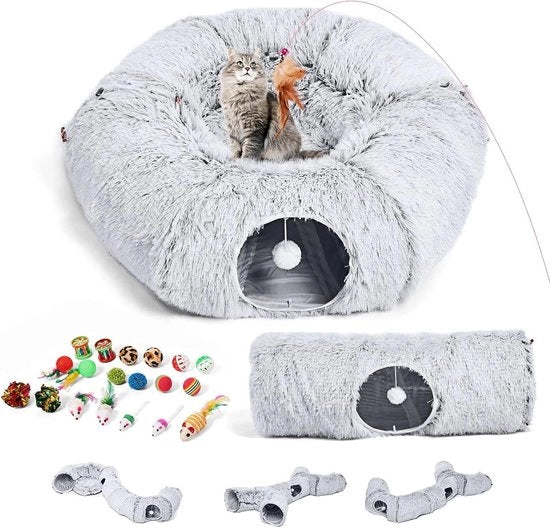 5 tunnel per gatto con letto morbido - grotte indoor per gatti con 20 pezzi di giocattolo - tunnel da assemblare e set di giocattoli per cani e conigli