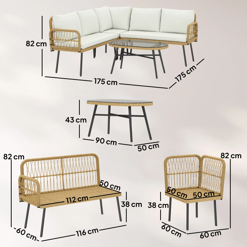 Set 4 Pezzi Salotto da Giardino con 2 Divani 2 Posti Angolari e Tavolino da Caffè in Acciaio e Rattan Legno e Crema