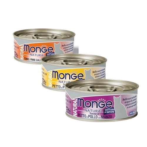 Monge Natural scatolette umido gatto 80g x 24 confezione risparmio. size: 80g, flavor: TONNO PINNE GIALLE E SALMONE