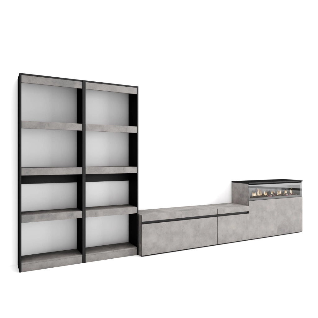 Mobile TV, Soggiorno, 370x35x186cm, Per TV fino a 65", Camino elettrico, grigio cemento RF3171