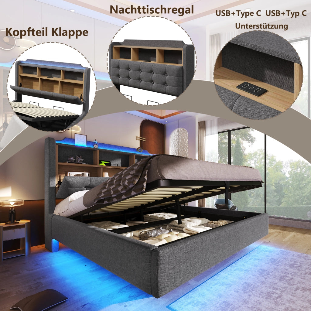 OKWISH Letto Contenitore 140×200 cm, Letto Matrimoniale con LED Regolabile, USB, Type C e Vani, senza Materasso, in Lino, Grigio