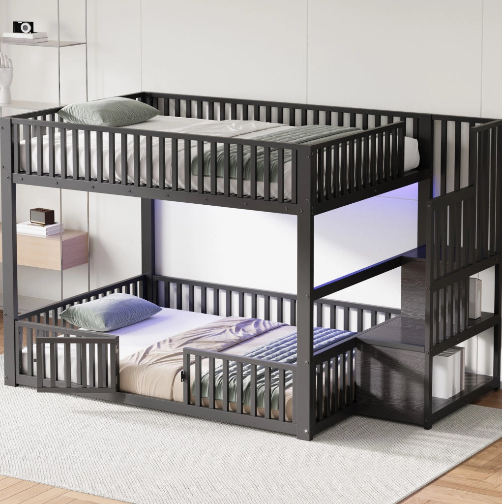 Letto a castello basso 140x200 cm con scala contenitore e LED; nero