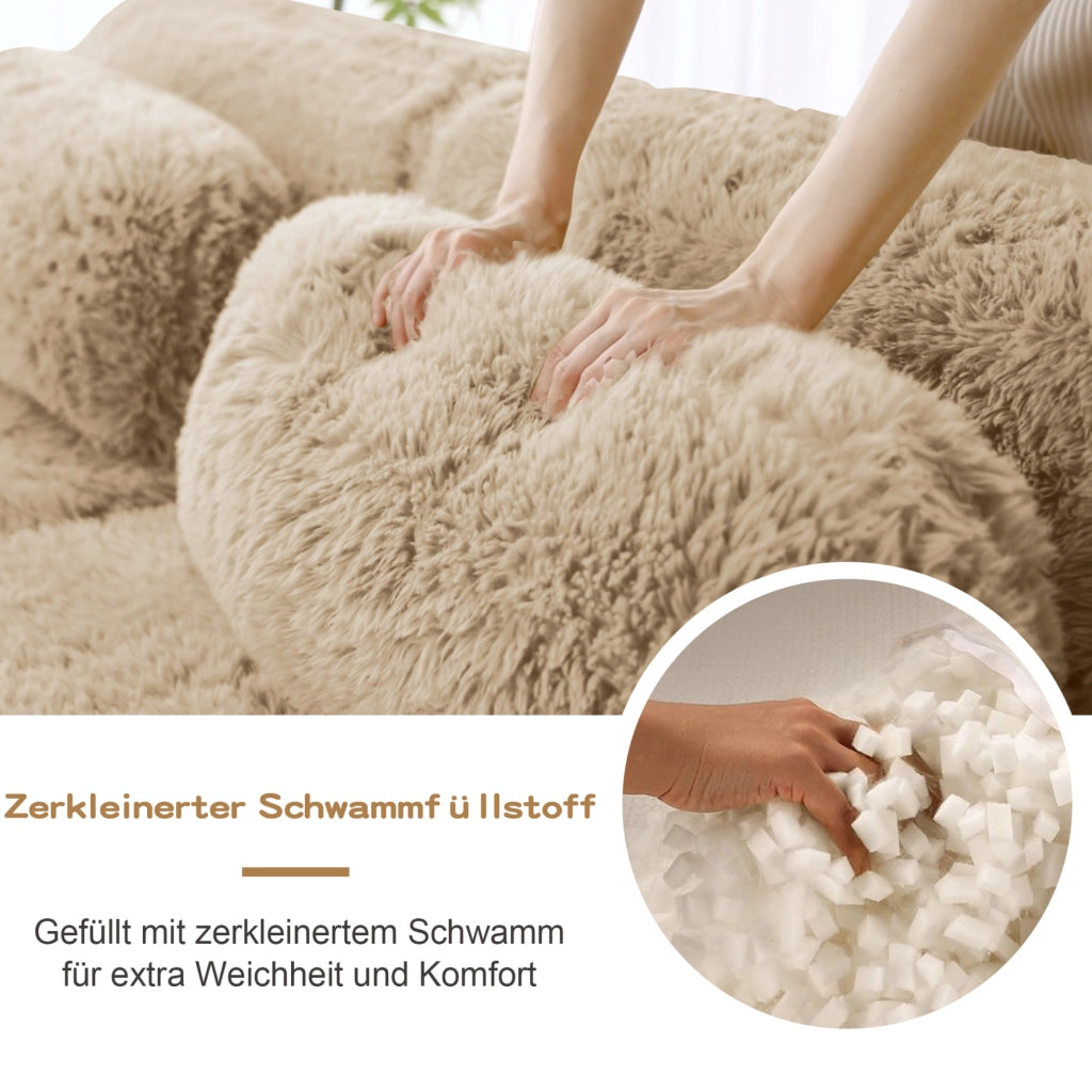 Divano modulare 3 posti con 3 pouf 291x179x73 cm in tessuto peluche; light khaki