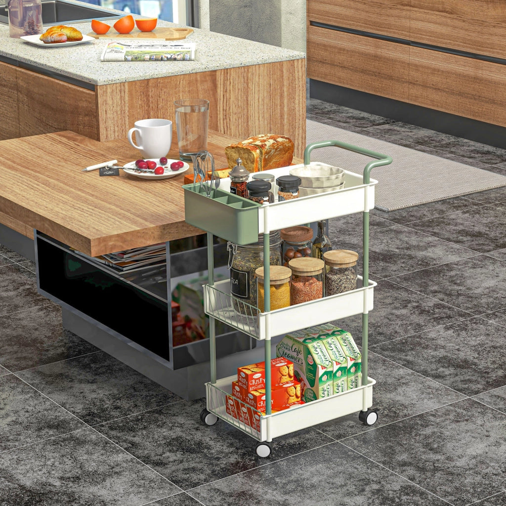Carrello 3 Ripiani con Cesto Appendibile ¨C zephmum ¨C Bianco Metallo 50x30x77 cm