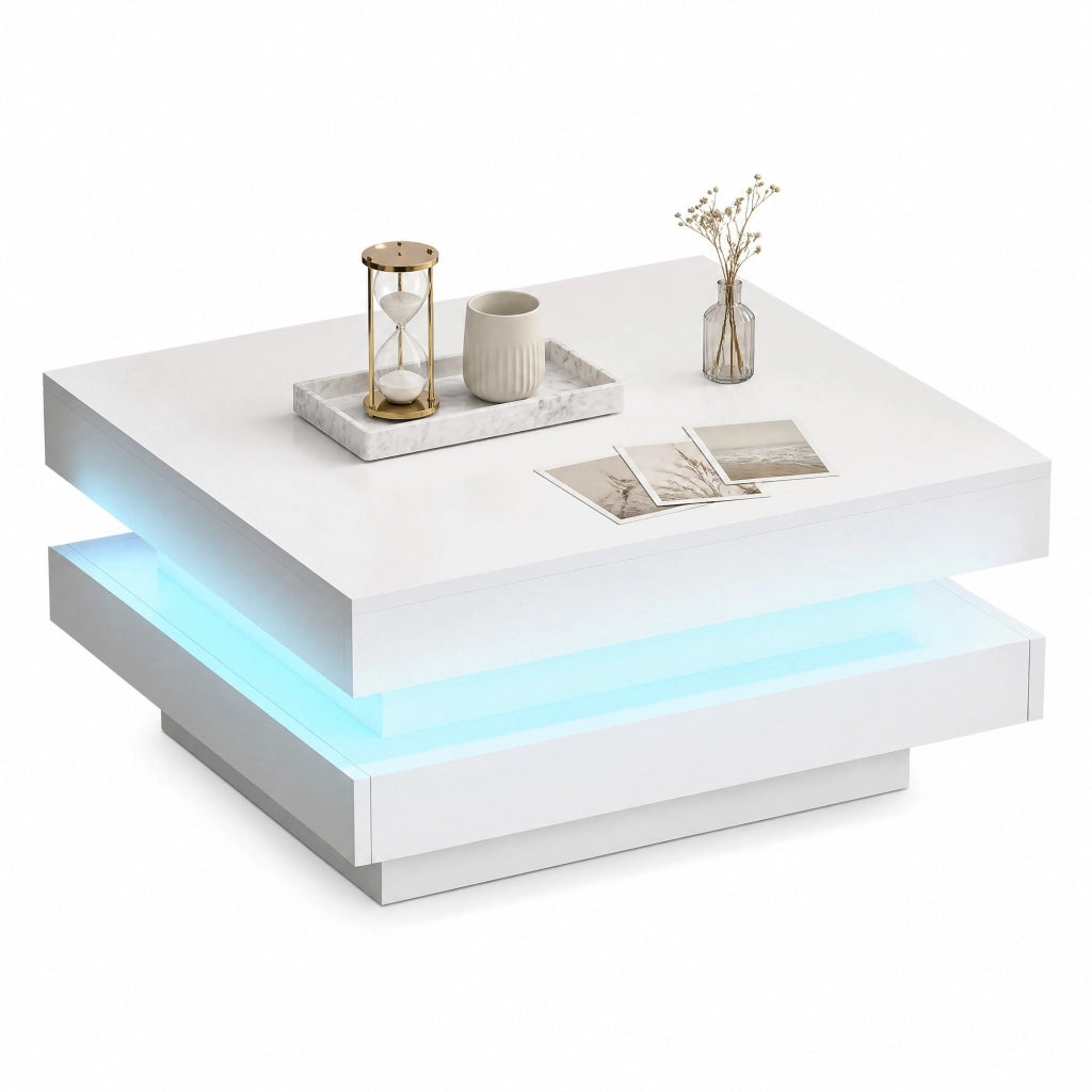 TAVOLO DA SALOTTO Quadrato 70x70x36 cm Bianco con LED Bluetooth APP