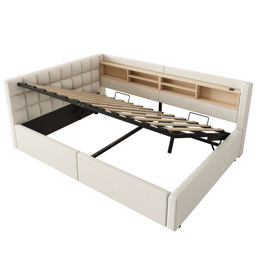 Letto singolo 90x200 cm contenitore con sollevamento idraulico e mensole; lino e MDF grigio