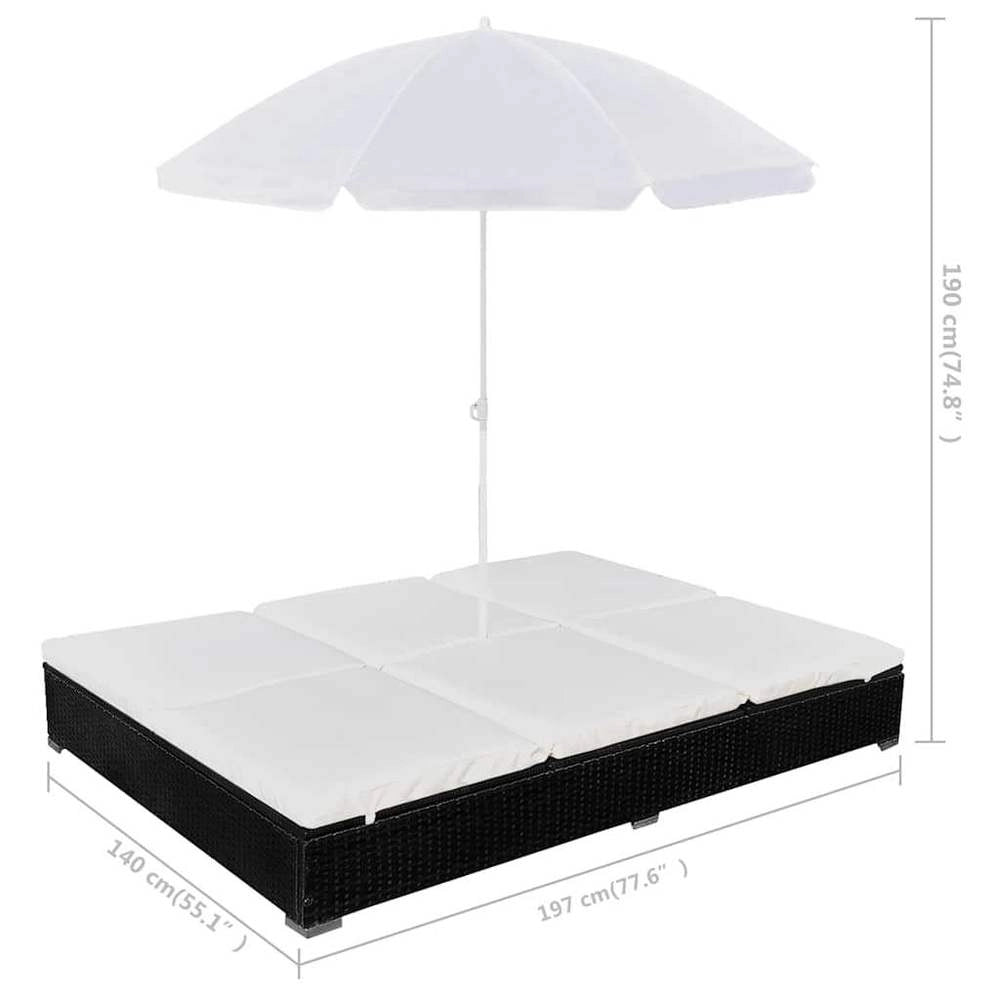Outdoor Lounge Bed With Parasol, Poly Rattan, Black