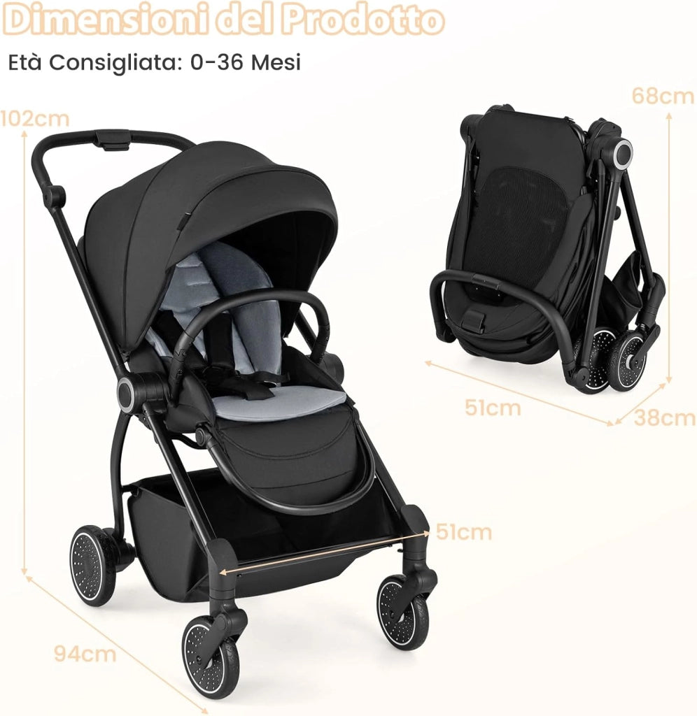 Passeggino per Bambini Reversibile, Passeggino Pieghevole per Neonati con Schienale Reclinabile, Cappotta Regolabile, Cestello Portaoggetti, per Neonati 0-36 Mesi, Portata 15 kg (Nero)