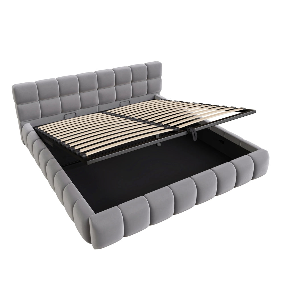 Letto contenitore imbottito 180x200 cm in velluto grigio con LED