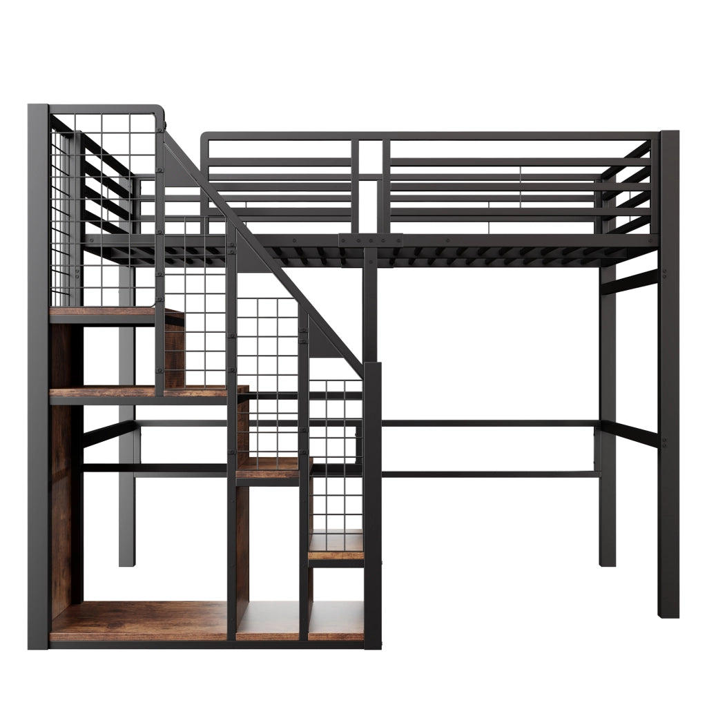 Letto a soppalco singolo 90 × 200 cm con scomparto portaoggetti e scaletta, senza materasso, in metallo, nero