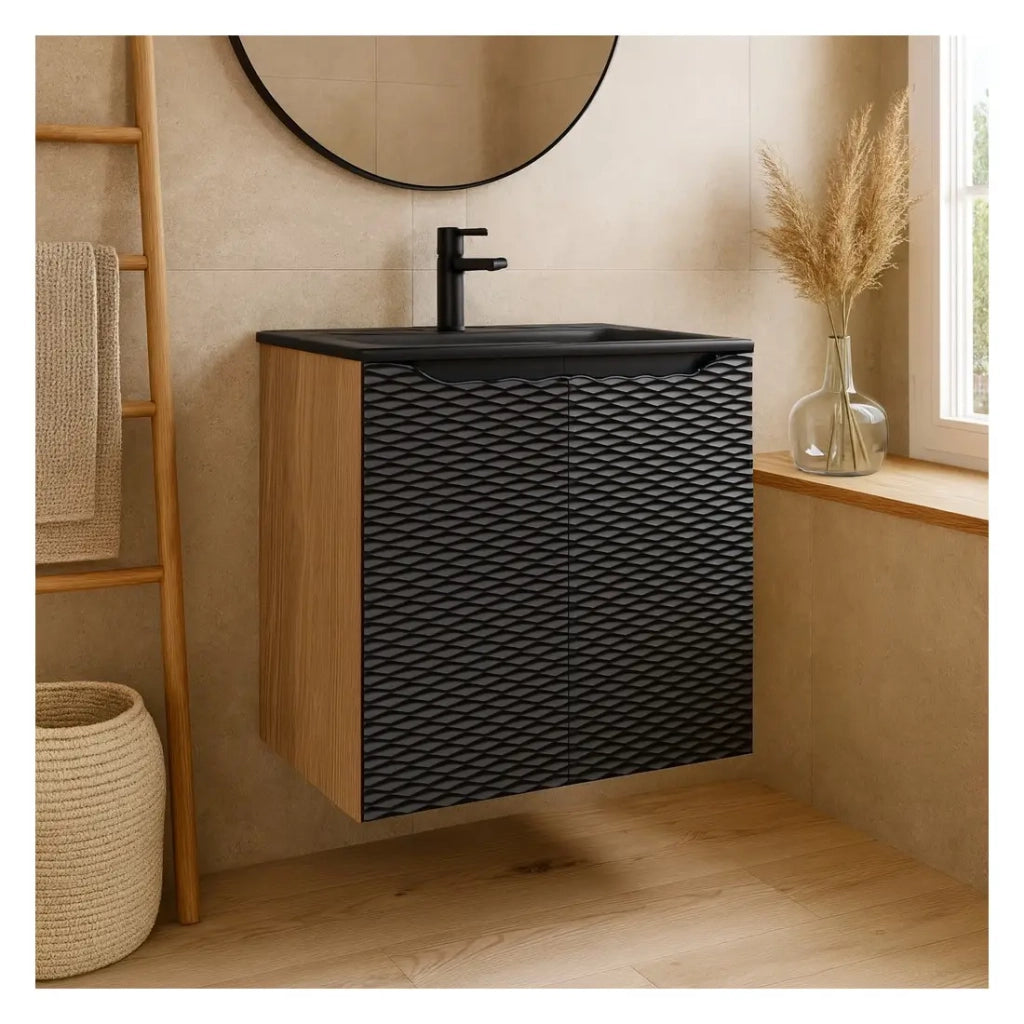 Set da bagno YOKA nero: mobile sottolavello con armadietti 60 cm + lavabo nero da incasso