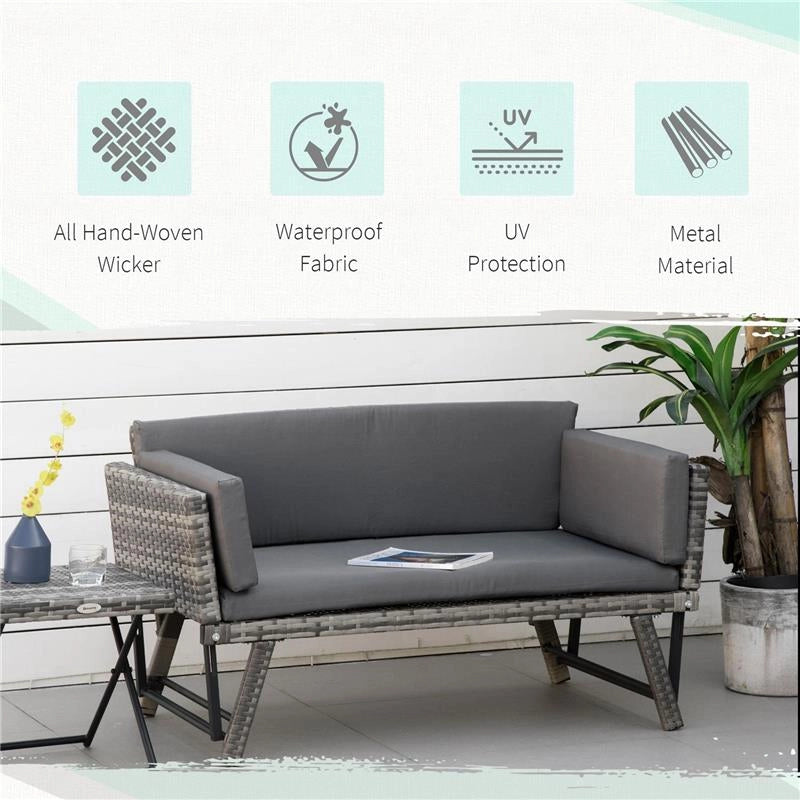 DIVANO DA GIARDINO 2 POSTI IN RATTAN CON IMBOTTITURA E BRACCIOLI RIBALTABILI, 129X63X67CM, GRIGIO